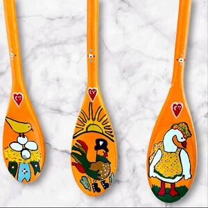 Tole Painted Orange Farmhouse Wooden Spoon Set Chicken Rooster